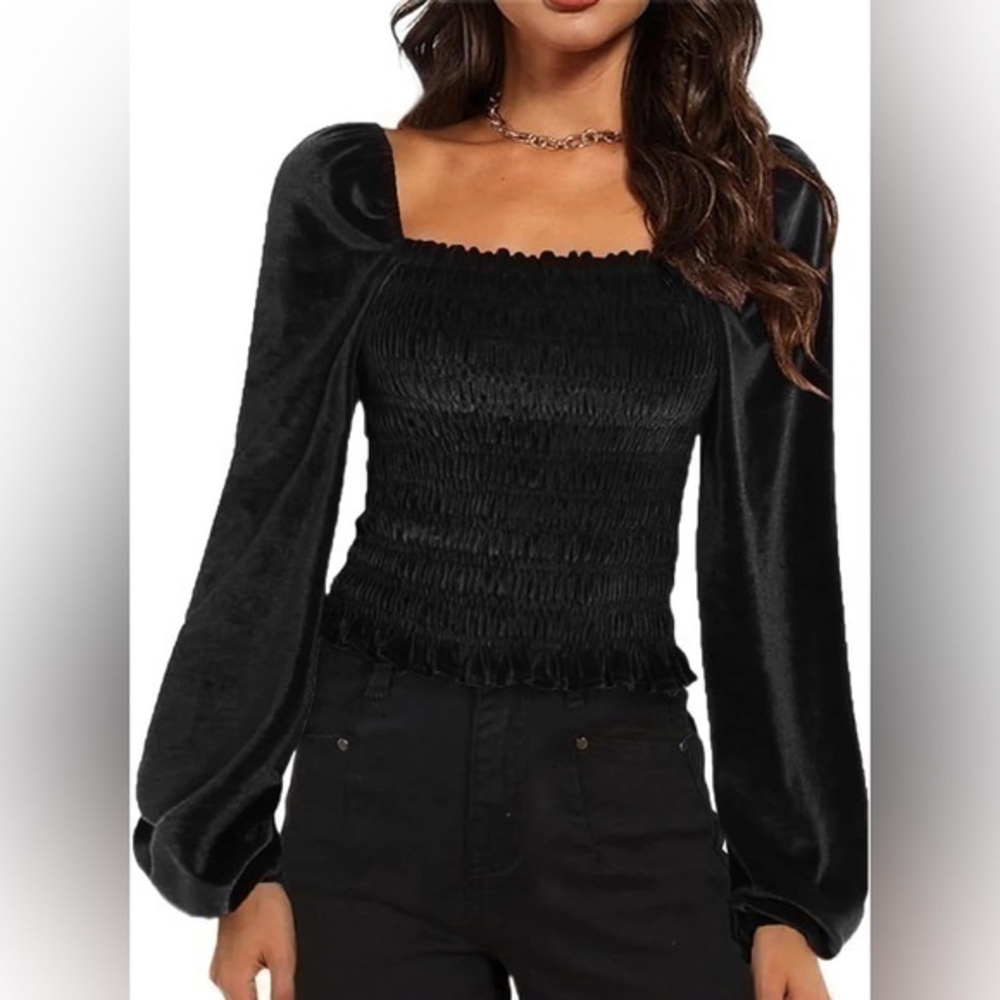Primark Women's Long Puff Sleeve Square Neck Top Velvet Slim Fit Cropped Blouse
